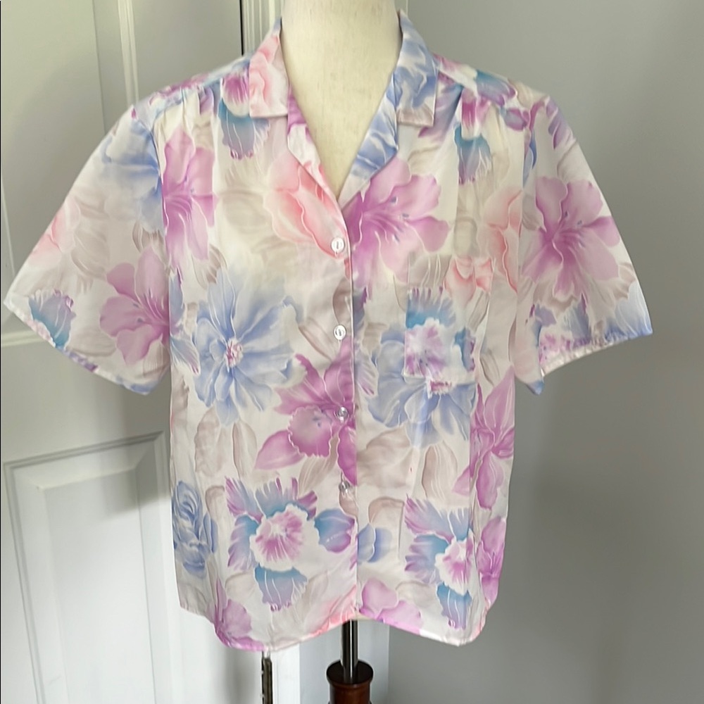 Floral Short Sleeve Button-Up Pajama Blouse